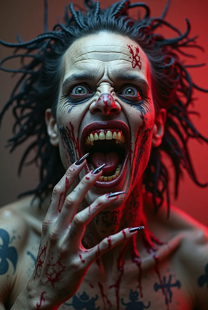 Close portrait of a Real looking Grim Ripper Zombie, his creepy  eyes and the veins inside, Piercing on lis Toungue,  Eyebrow , and Nose , Symbolic Tatoos on his Face,  Scary  bloody Teeth , blood dripping from his side of his Mouth  Sceletal hands with a ...