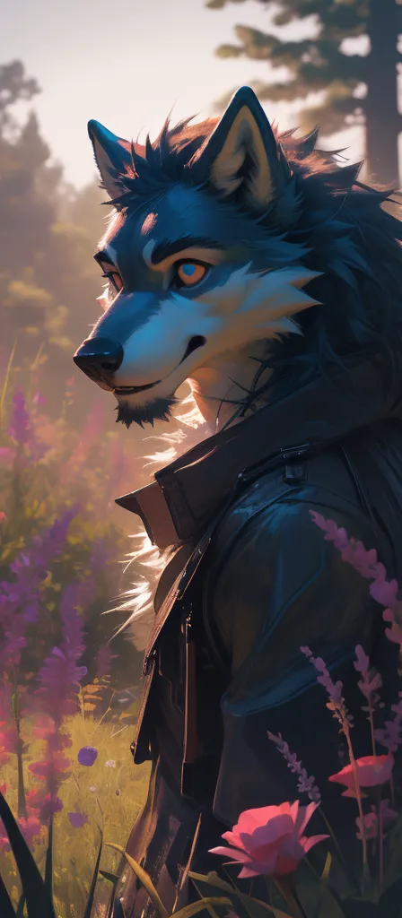 male, anthro, wolf, solo, standing, underwear, grass, trees, flowers, by darkgem