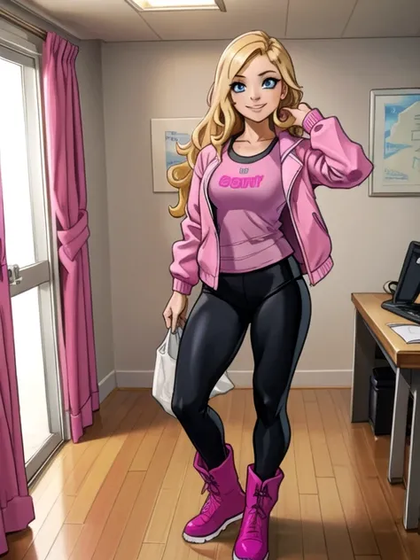 ((Best quality)), ((Masterpiece)), (detailed), (Detailed face:1.2), (Detailed eyes:1.2), (Perfect figure:1.2), 1 girl, solo, wavy blonde hair, blue eyes, beautiful face. She's a college sorority girl. (Wearing: Opened Pink jacket, gray baggy shirt, Lululem...