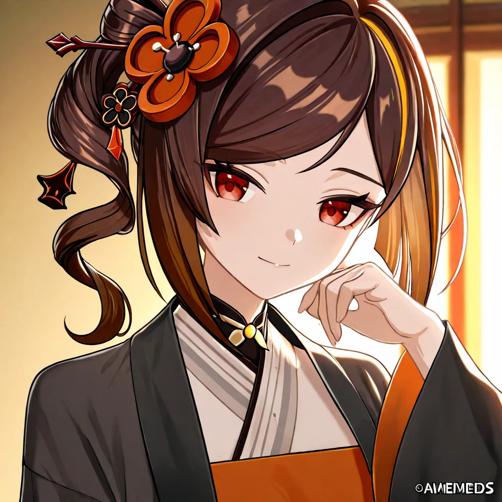 Un Male character inspirado en Chiori de Genshin impact, with short brown and wavy hair,  RED EYES, modern elegant Asian style clothing, cheerful expression, Male character