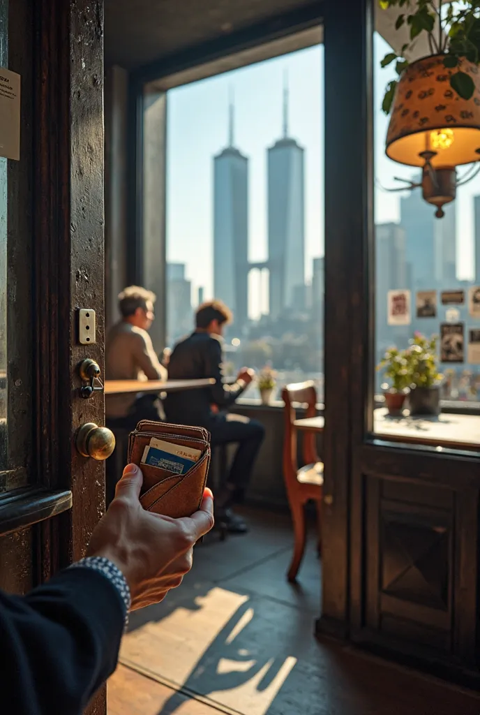 You push the glass door of a small coffee shop in Lower Manhattan, Nova York, on the morning of September 11, 2001. Your realistic hands are clearly visible — the right hand holds the cold metal handle while the left holds a worn leather wallet slightly op...