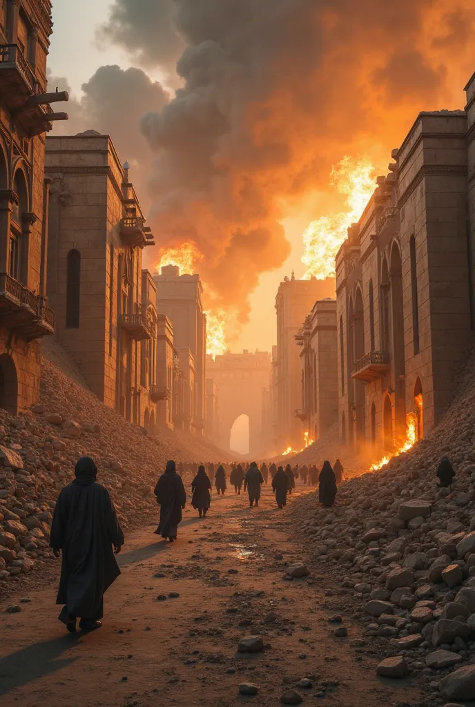 An ancient Arabian city undergoing a catastrophic earthquake. The ground splits apart with deep cracks, swallowing streets and collapsing grand stone buildings. Towering columns crumble into dust as thick clouds of debris fill the air. Fires erupt in diffe...