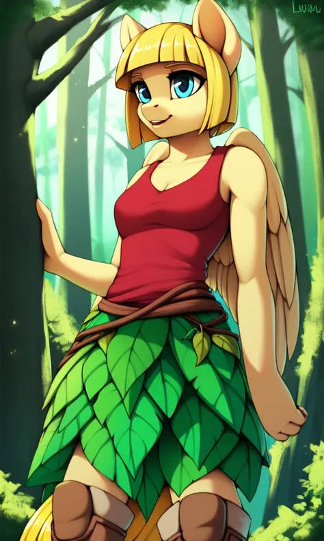 Edyn, 1girl, feathered female, , blue eyes,green leggings , yellow feathers ,maroon tank top, leaf skirt blonde hair blunt cut hair beige boots semi anthro 