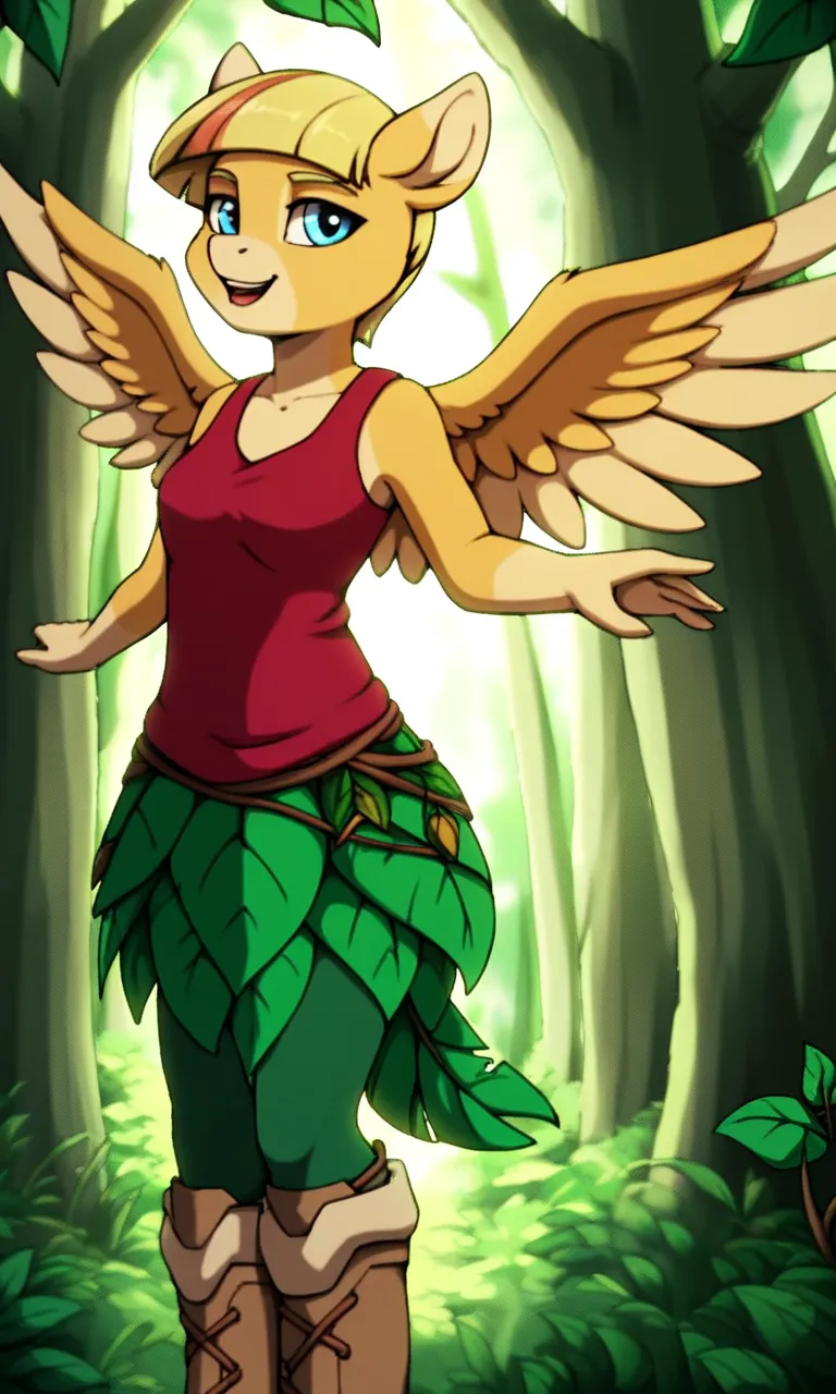 Edyn, 1girl, feathered female, , blue eyes,green leggings , yellow feathers ,maroon tank top, leaf skirt blonde hair blunt cut hair beige boots semi anthro 