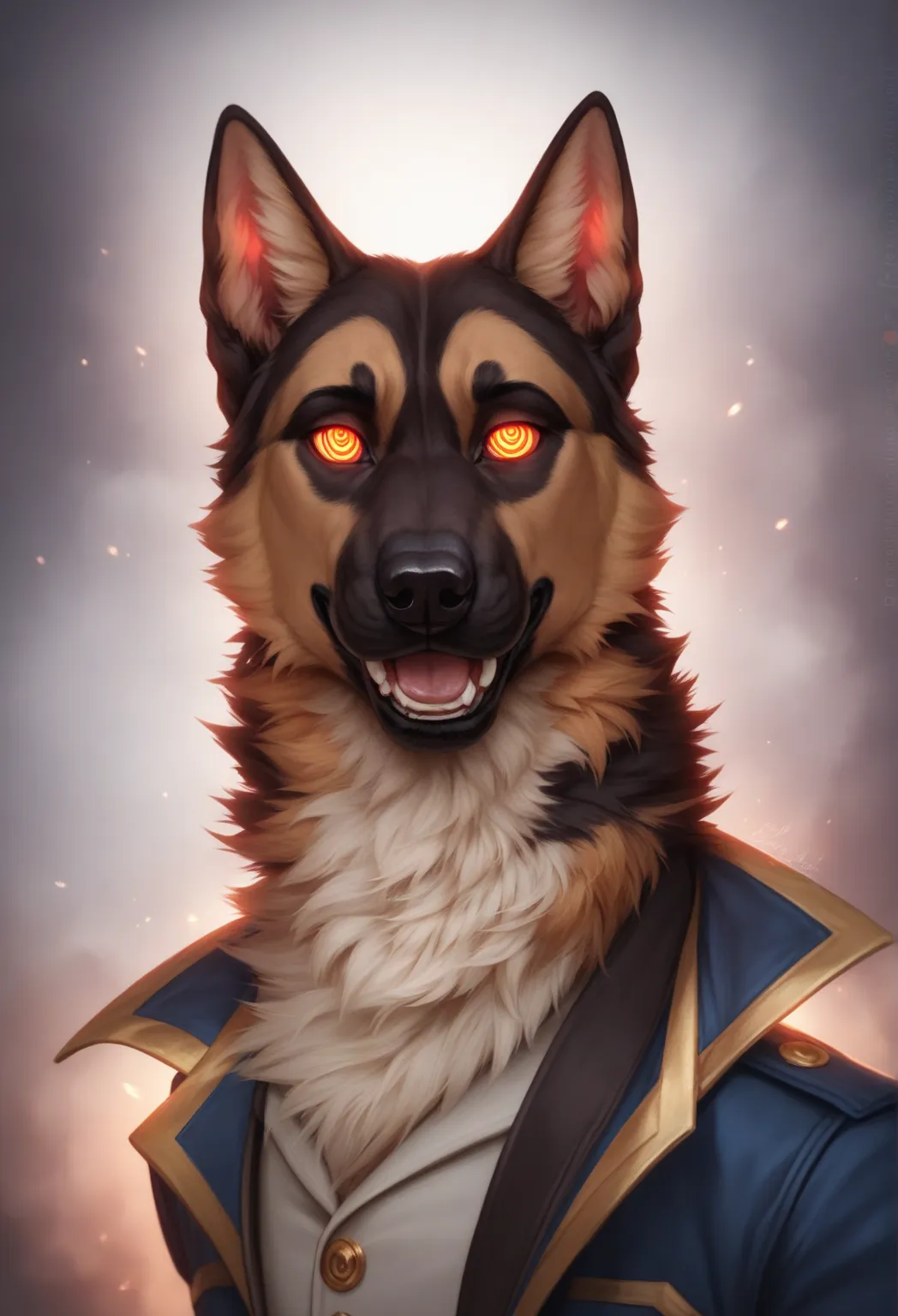 german shepard, dog, furry, ((art by haps!)), male, hypnotic eyes, glowing, dynamic shot