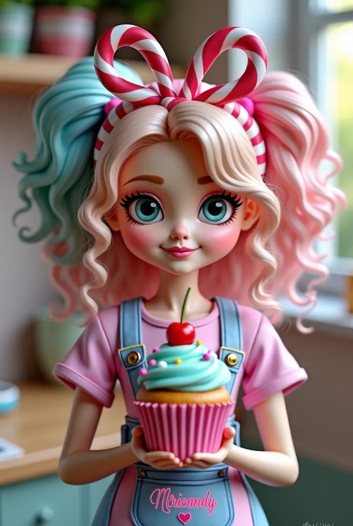 

"Create a super cheerful and fun doll, representing the Miricandy brand, } with colored and curly hair in the style of Vanellope von Schweetz. It must be inspired by the enchanted world of candies, as if coming directly from Wonderland. The doll must hol...