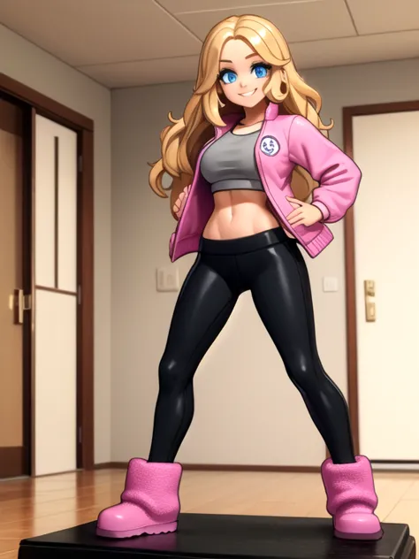 ((Best quality)), ((Masterpiece)), (detailed), (Detailed face:1.2), (Detailed eyes:1.2), (Perfect figure:1.2), 1 girl, solo, wavy blonde hair, blue eyes, beautiful face. She's a college sorority girl. (Wearing: Opened Pink jacket, gray baggy shirt, Lululem...