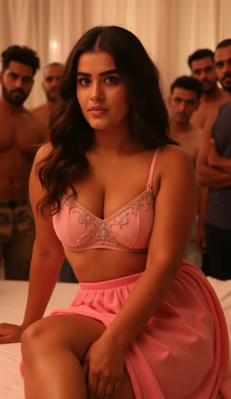 Front view, bedroom scene, 26 year old very beautiful North Indian plus sized woman in rose color split skirt and bra, sitting on bed, sitting on bed, with a group of men watching, full body image,  room with bright light