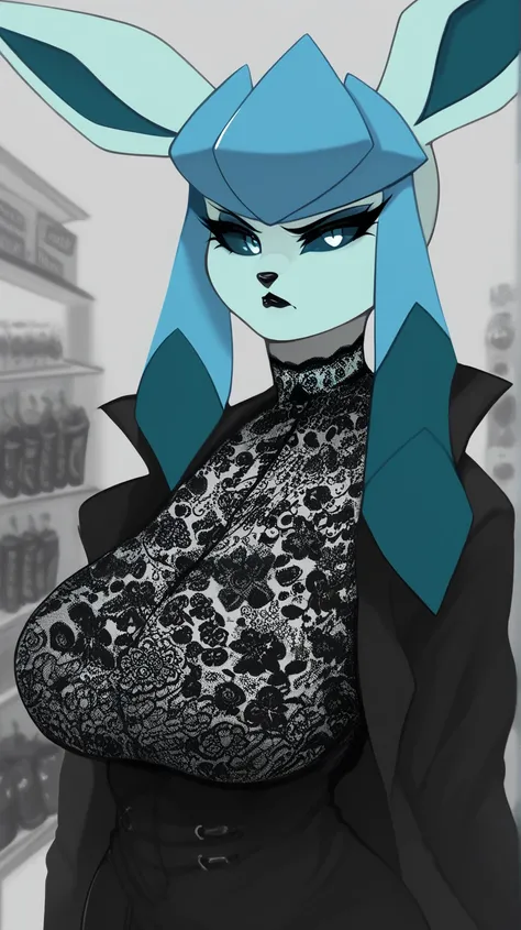 check_9, check_8_    upwards, check_7_    upwards, check_6_    upwards, check_5_    upwards, anthropomorphic glaceon furry female,    blue sclera , white eyes,  fully clothed, (big breasts: 1.2), black coat, lace,  eyelashes,    eyeliner   , shopping mall ...