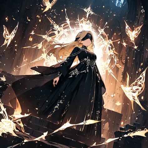 High resolution, dungeon environment, distant angle,  BLONDE WOMAN,  blindfolds , black dress with white details, flames 