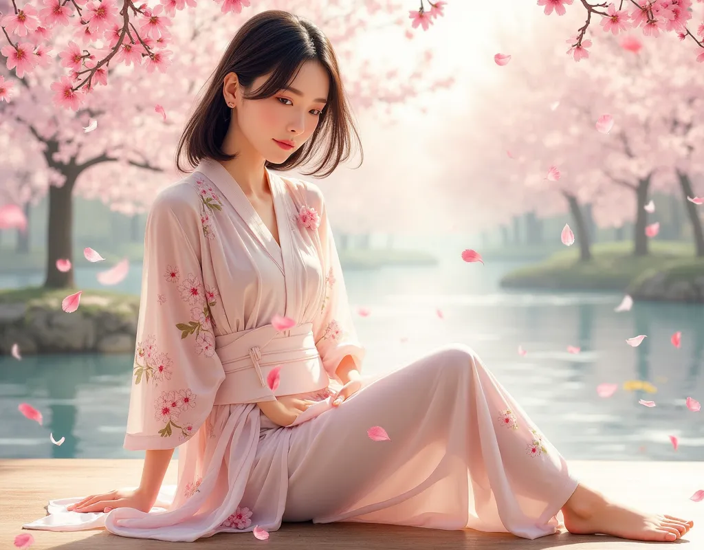 Ultra-high-resolution, hyper-realistic watercolor sketch-style illustration, capturing an (ethereal, ultra-slim Japanese beauty with flawless, porcelain-white skin, seated gracefully amidst softly falling cherry blossoms in a dreamlike springtime setting.)...