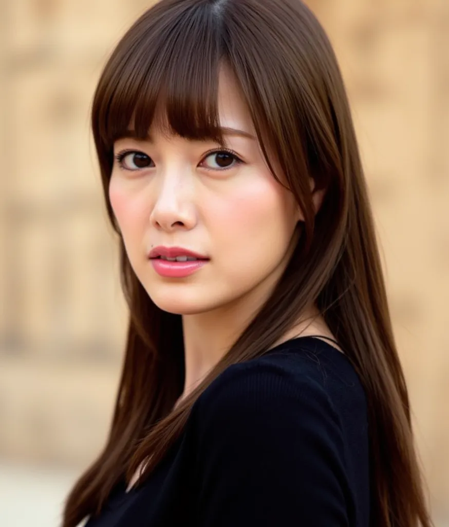 Shiraishi,  The image is a close-up portrait of a long young woman,  straight hair .   she has a serious expression 、 looking directly at the camera . Her hair is、 gently wavy with a bang that frames around her face . She's wearing a black top 、The makeup ...