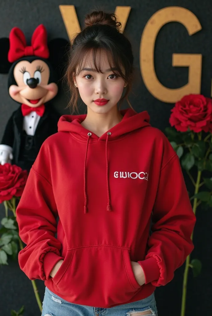 Vcaptured in alow angel , eye level photography of a Korean woman in a red hooded sweat shirt with the word " GUCCI", written in white on the left side of the Hoodie.  Her hair tied up in a loose a bun with somea hair covering part of her face, dinamis pos...