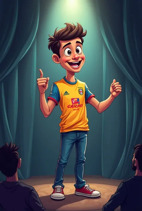 Create a cartoon image of a young comedian presenting his standup show wearing a t-shirt from the Gaúcho international team's uniform 