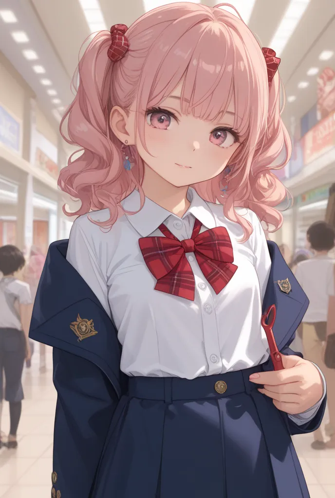 large scissors。In a dimly lit warehouse。The expression of being tied behind your back and in trouble and impatient、pink wavy hair with pink eyes、navy blue blazer and white shirt and red checked mall breasts,  size, petite body。Highest quality、realistic tex...