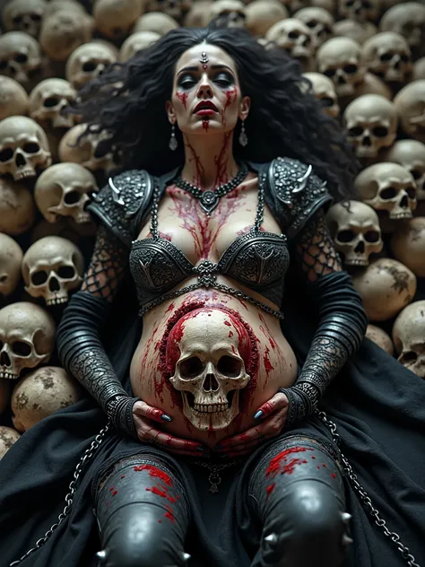 Beautiful Female cosmic necromancer with half rotten face and exposed skull,laying inside huge pile of skulls,skull growing From her pregnant belly, pressing on the inside for the skull to be visible,entity,necromancer warrior queen holding sickles on her ...