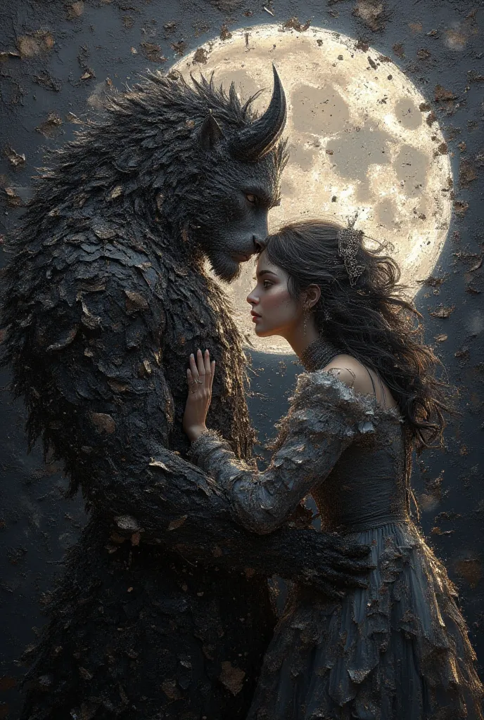  Mosaic painting black to white color gradient background, oil painting with visible impressionistic strokes of sharp focus, beautiful girl and a beast man, hugging each other, fantasy, lovely, full moon background, artstation, (epic realistic:1. 1), (hdr:...