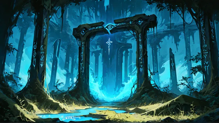 Ancient ruins made up of five rhomboid-shaped rocks, each with ancient runic inscriptions carved into their dark blue, almost black surfaces. The rocks are scattered in a forest clearing, partially covered with moss and vines. A shimmering blue magical aur...