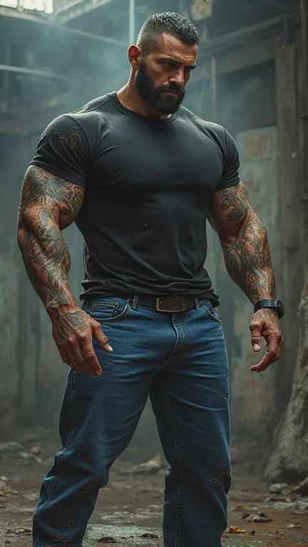 image  d' un bagarre entre un bodybuilder , trés musclé et barraqué  qui a des tatouages , il a  23 ans  et fait 2m35 qui est espagnol  et porte un t-shirt  noir et un pantalon  bleu