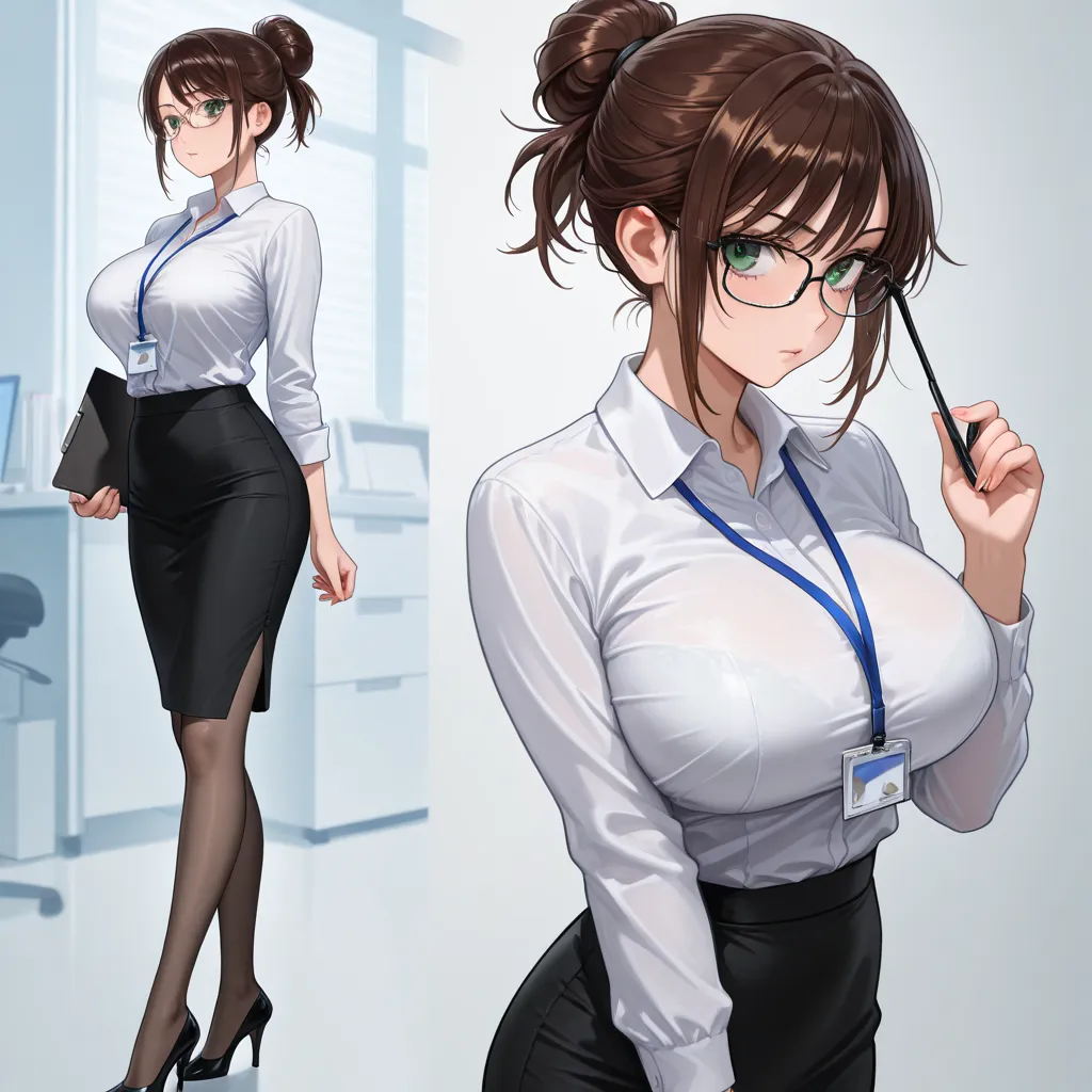 A stern and attractive brunette woman. She is dressed in very tight office attire. ((Ponytail/bun)). ((Glasses)) (big breasts), (green eyes) (tall) heels, holding a clipboard. ((Office setting)) (detailed eyes) ((stern)) 