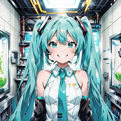 high quality、 anime、Hatsune Miku's fake、has a fearless smile、Inside the Laboratory、are inside large glass capsules with green liquid、Formalin-soaked capsules、connected to many devices、metallic futuristic room、Hatsune Miku made with AI、 Glitch Effects 