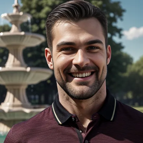 Handsome muscular man with a beard , Strong and muscular legs, large lump, Artwork,  smiling,  Super sexy in burgundy jeans and polo shirt with black stripes Ultra realistic masterpiece of 8k Great detail next to a fountain Super muscular , sexy ,  in the ...