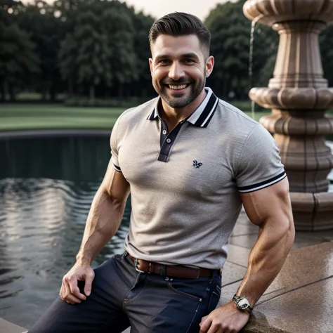 Handsome muscular man with a beard , Strong and muscular legs, large lump, Artwork,  smiling,  Super sexy in burgundy jeans and polo shirt with black stripes Ultra realistic masterpiece of 8k Great detail next to a fountain Super muscular , sexy ,  in the ...