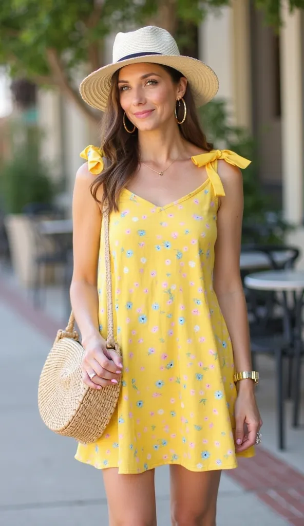 Yellow Floral Sundress with Bow Details

Outfit: A yellow sundress with small pastel floral prints and bow details on the shoulders, for a fun, tampilan vintage.

aksentuasi: Add white espadrilles, a small wicker handbag, and a sun hat. Gold hoop earrings ...