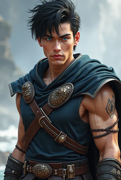 Realistic version of Tyren is a young man with fair skin and jet-black hair,  slightly messy .  Her eyes are of an intense blue tone , like the ocean in a storm. He has an athletic build, with muscles defined by training. He wears warrior clothes from his ...