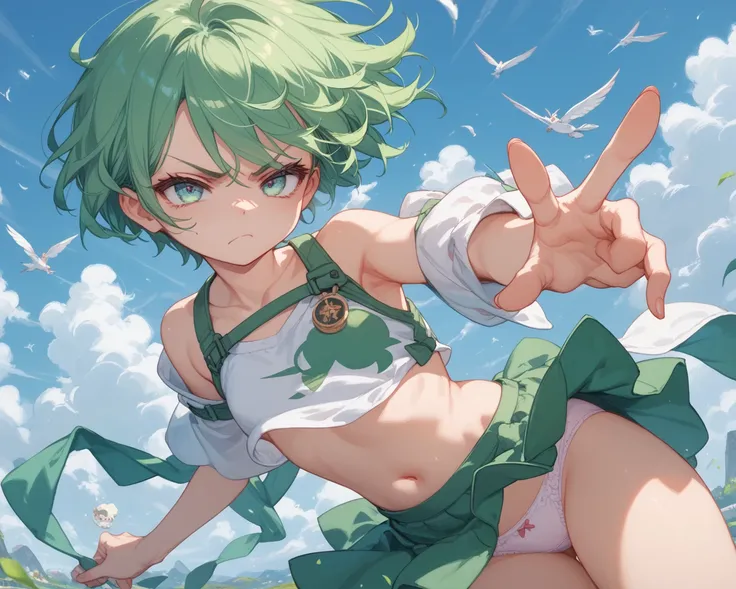  is always looking at the camera,very angry,  Keep your mouth shut , the green hair, short hair and clothes floating in the wind,visible panties, shake her foot gently, the chest rises rhythmically with the breath, blinks slowly .