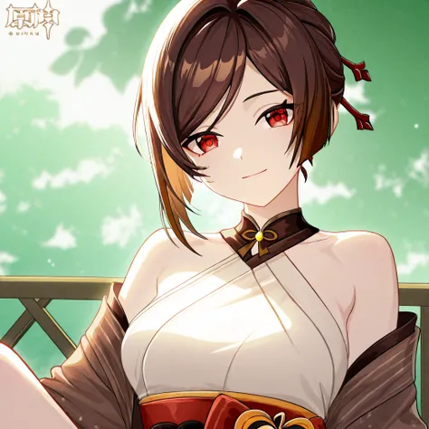 Un Male character inspirado en Chiori de Genshin impact, with short brown and wavy hair,  RED EYES, modern elegant Asian style clothing, cheerful expression, Male character