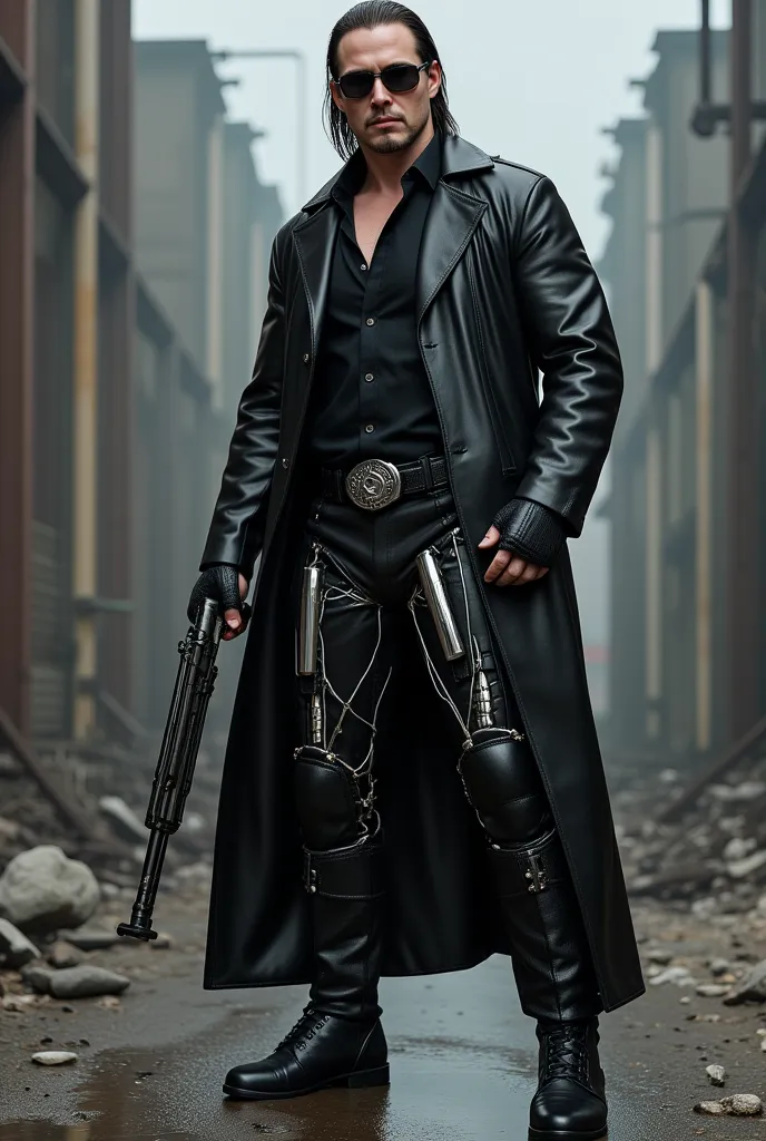 Create an image of a WWE wrestler undertaker in a terminator form, holding a shotgun, wearing a black leather jacket and sunglasses