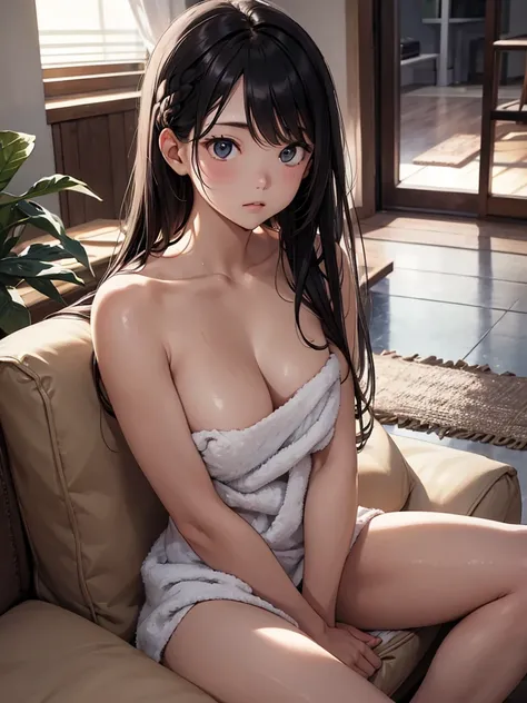 woman、20 years old、 sitting cross-legged in the living room 、sit cross-legged、 drinking beer after taking a bath、Wrapping a towel around her hair 、 completely naked、 has pubic hair