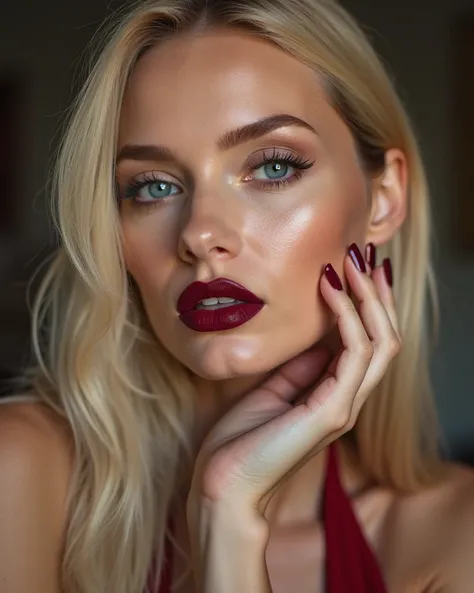 A stunning, ultra-realistic 8K portrait of Louise, a glamorous blonde model with sleek hair and mesmerizing blue eyes. Her lips are adorned with a bold, luxurious red lipstick, enhancing her femme fatale allure. She exudes confidence and sophistication, he...