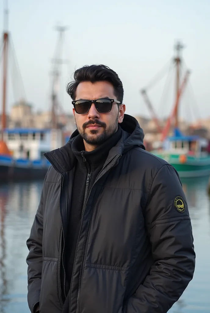 arafed man in a jacket and sunglasses standing in front of a harbor, professional picture, amr elshamy, mohamed chahin, khyzyl saleem, taken in the early 2020s, ahmad merheb, profile photo, enes dirig, sayem reza, mohamed chahin style, profile shot, photo ...