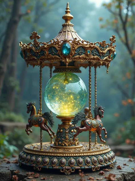 The artefact magic small like carousel with crystal ball aesthetic fantasy but no horse. Please, with magic effect