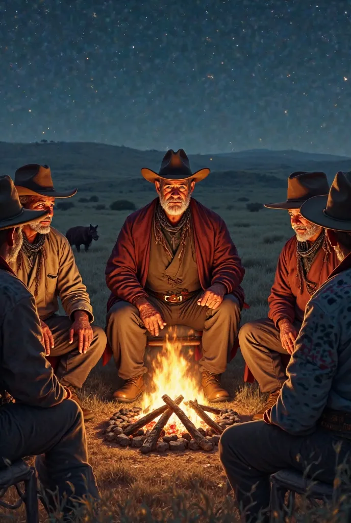 An old gaucho sitting next to other gauchos around a campfire