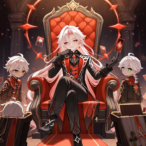 age boy with bright crimson heart-shaped pupils, white hair with red outfit, black and white, flirty boy ,  Genshin Impact style ..With cards in their hand shining. All dark only shining his eyes and cards. In the dark. Sitting on a Throne. Very much in lo...