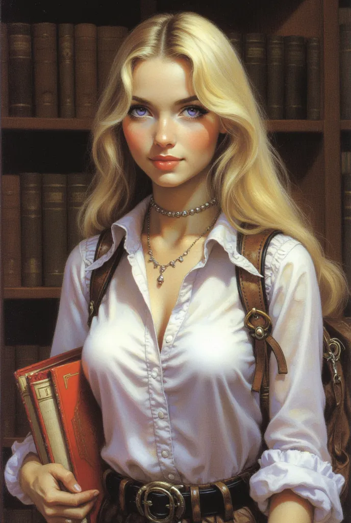 Young woman with dark  purple eyes and long blond hair,  purple eyes, delicate face, very white  pale skin,  pale skin, 80's corporate clothing,  in the style of Frank Frazetta ,  library background ,  Frank frazetta ART style , Realistic, delicate face,  ...