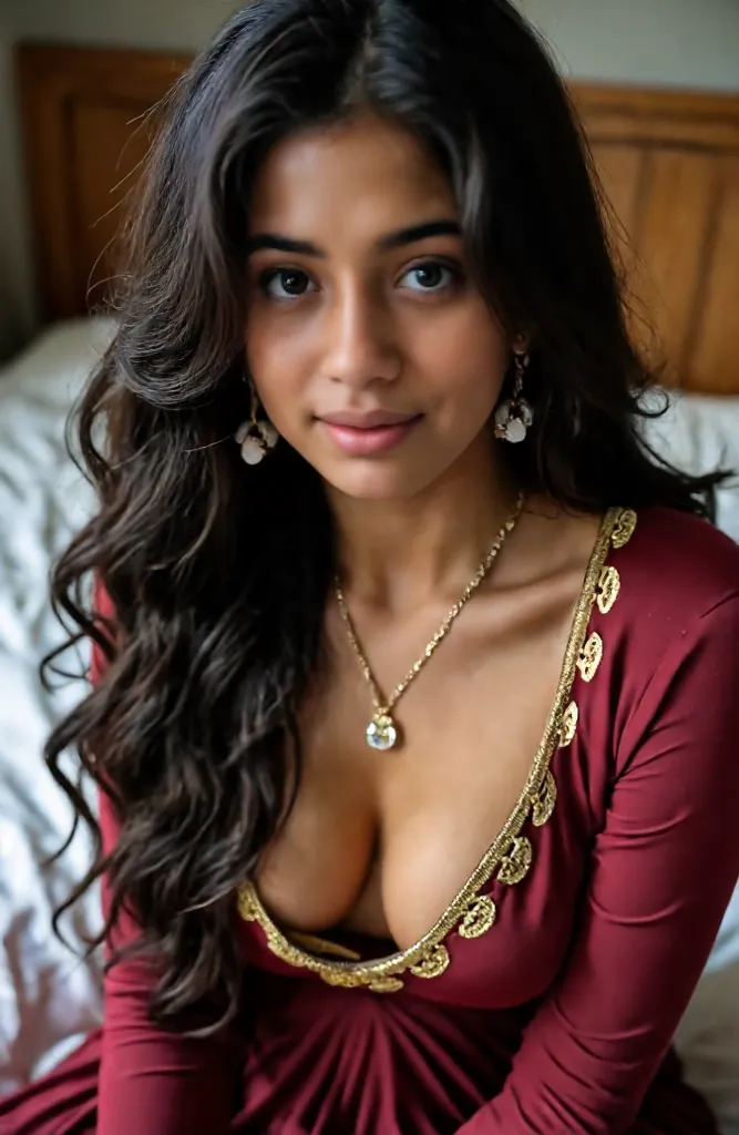 Close up photo of sexy girl 22 years bright disky skin girl , front view, curvy, hourglass figure,  saggy breasts, breast relave, deep cleavage, maroon golden all buttons opened blouse, navel, belly button, sitting in a bed , look at viewer and subtle smil...