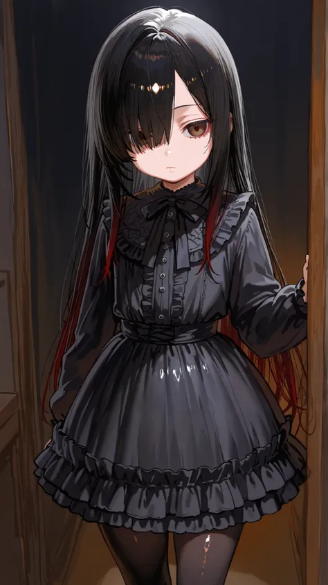Masterpiece, detailed, high resolution illustration, 1 girl, goth lolita, black frilled dress, aged down, shiny skin, long straight hair, hair over one eye, red gradient hair, multicolored hair, black hair, odd eye, brown eye, red eye, emotionless, black p...