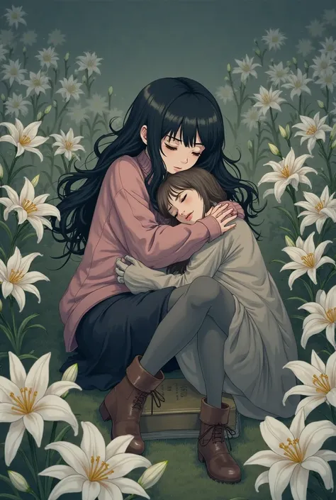  Girl with long black hair,knitted pink sweater, boots, stockings and black skirt, Dead woman embracing an old book rest in peace with white lilies  (anime) 