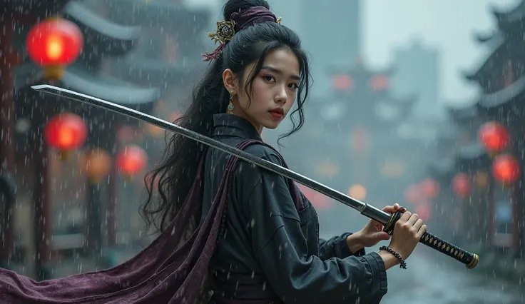 1girl,most beautiful, Sweet, elegant ,full body ,large breasts ,The background is rainy day,cityscape,1 girl, beautiful girl, beautiful face, Female Samurai, supermodels, Holding a Japanese Sword, shining bracelet, beautiful hanfu (black, transparent),cape...