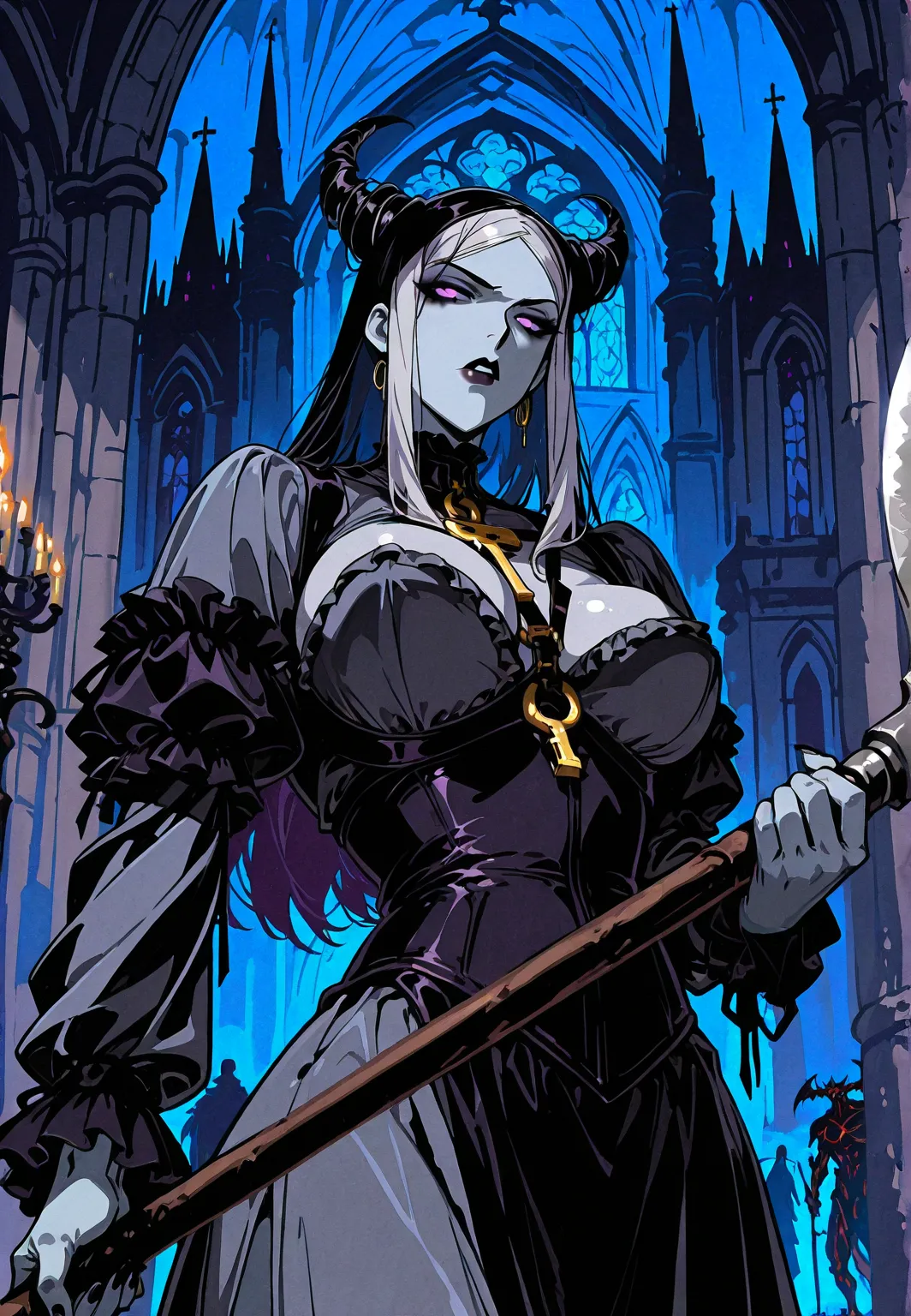 Chica gárgola, goth make-up, piel rocosa gris,  senos promedio, fighting en la cumbre de iglesia, holding an axe, skulls. Background: CATHEDRAL,  Dark atmosphere, violet light, man behind her