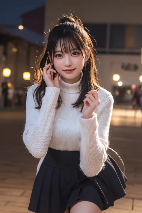 best quality, 8k, masterpiece :1.3)), 1 girl, random hairstyles,  photos, facial focus, costume, super detailed face, detailed eyes,  double eyelids,  idol, cute, full body, Winter clothes, smile, dance,  dance