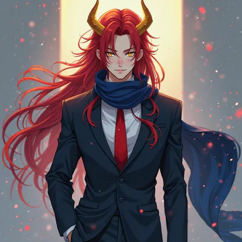  better quality, amazing quality, anime,man, young, Long intense red hair ,yellow eyes, dark blue long scarf, golden horns ,esmoquin,red tie, slim body with shapely muscles,(full body)