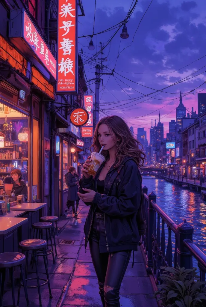 (best quality, photorealistic, highly detailed:1.2),  beautiful woman walks near the city river, drinks coffee in a paper cup with a bun, evening violet lights, giper realistic style, wide angle view, 8k