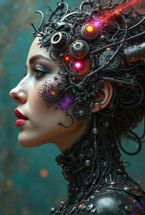 An artistic gothic composition that combines elements of biomechanics and BEAUTIFUL ITALIAN FEMALE MODEL. It depicts a profile view of a BEAUTIFUL ITALIAN FEMALE MODEL woman with part of her face replaced by a lush mech scene with cybernetic gears, dense m...