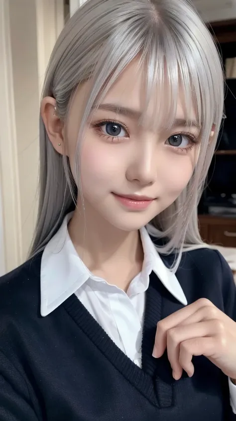  Silver Hair, school uniform, little beautiful girl,slim body,Correct human body,detailed eyes,detailed faces, beautiful face, cute face,beautiful skin,evenly balanced eyes,droopy eyes,Embarrassing Smile, highest resolution,Highest quality,masterpiece,4K,8...