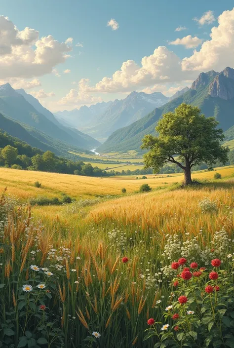 A large open field with some wheat and flowers seen from above a small relief with a beautiful apple tree, a small stream crossing the countryside with mountains in the distance and a sky with beautiful clouds